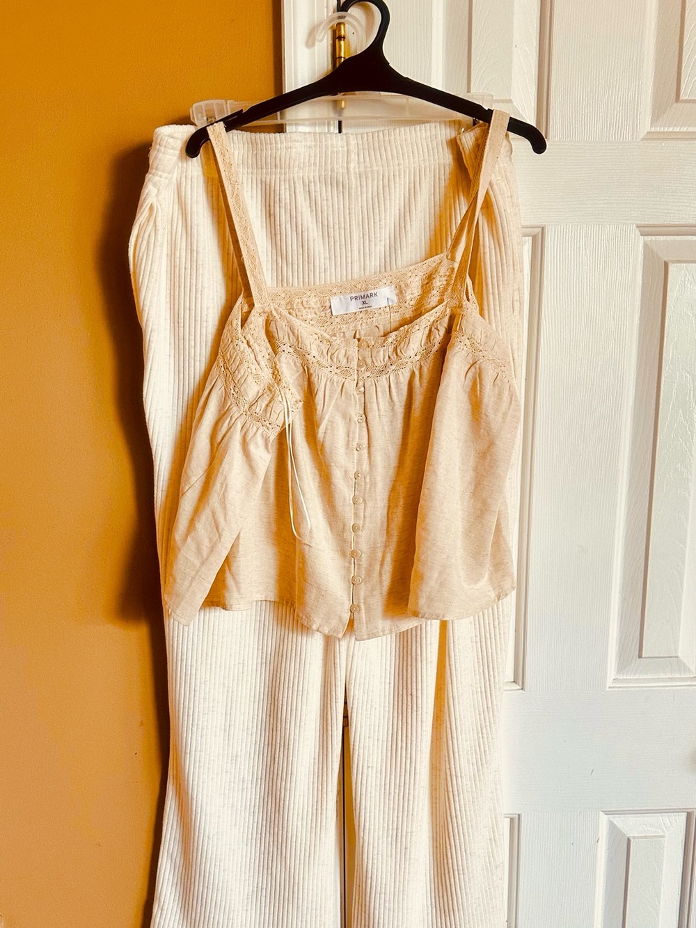 Primark Cream Lace-Trim Wide-Leg Pants & Camisole Set